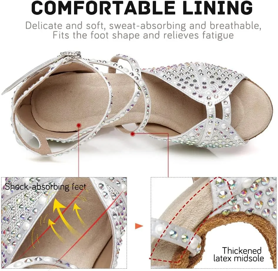 JUODVMP Women's Latin Dance Shoes Satin with Rhinestones Ballroom Dancing Shoes Salsa High Heel Shoes