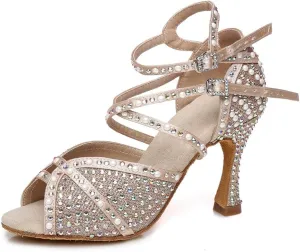 JUODVMP Women's Latin Dance Shoes Satin with Rhinestones Ballroom Dancing Shoes Salsa High Heel Shoes