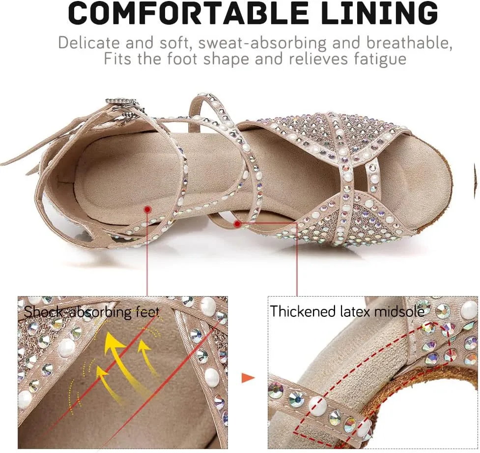 JUODVMP Women's Latin Dance Shoes Satin with Rhinestones Ballroom Dancing Shoes Salsa High Heel Shoes