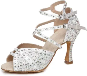 JUODVMP Women's Latin Dance Shoes Satin with Rhinestones Ballroom Dancing Shoes Salsa High Heel Shoes