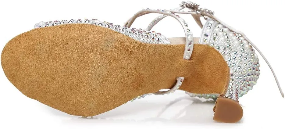 JUODVMP Women's Latin Dance Shoes Satin with Rhinestones Ballroom Dancing Shoes Salsa High Heel Shoes