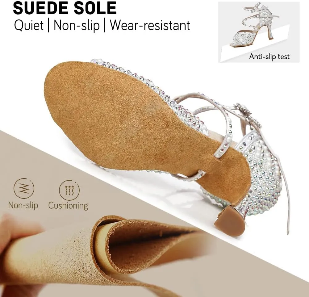 JUODVMP Women's Latin Dance Shoes Satin with Rhinestones Ballroom Dancing Shoes Salsa High Heel Shoes