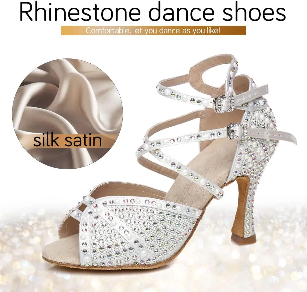 JUODVMP Women's Latin Dance Shoes Satin with Rhinestones Ballroom Dancing Shoes Salsa High Heel Shoes