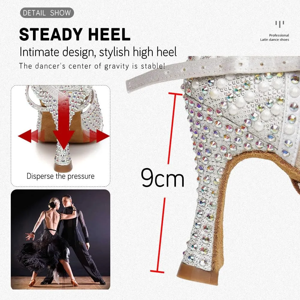 JUODVMP Women's Latin Dance Shoes Satin with Rhinestones Ballroom Dancing Shoes Salsa High Heel Shoes