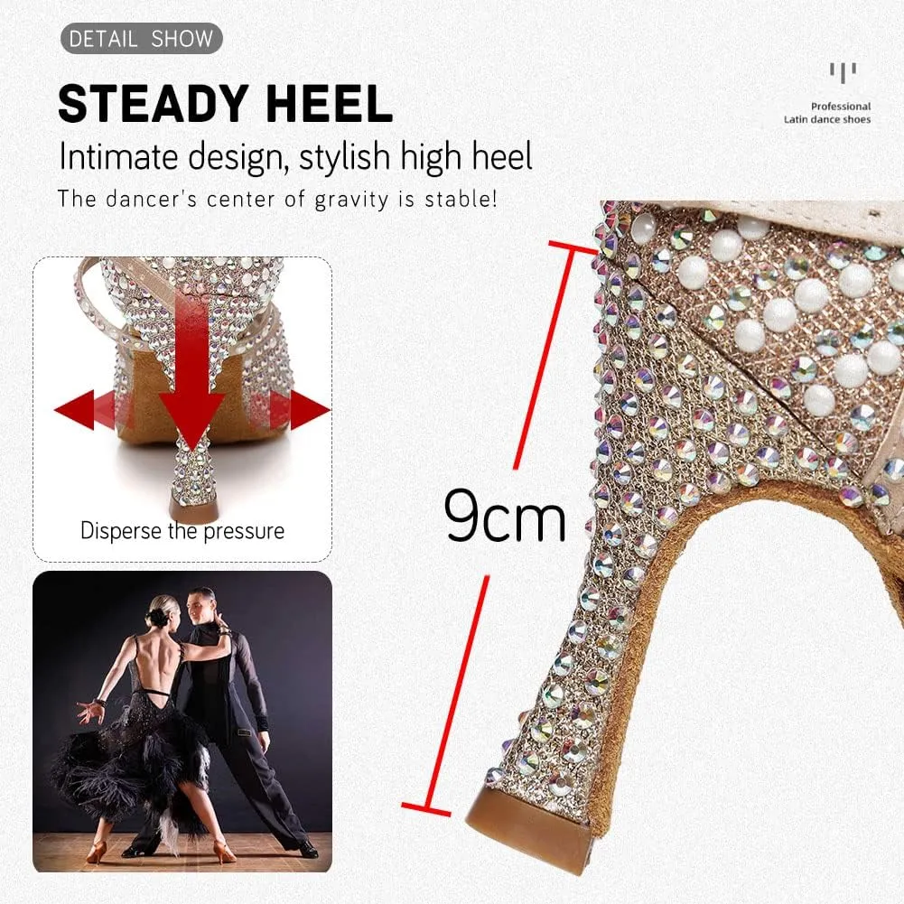 JUODVMP Women's Latin Dance Shoes Satin with Rhinestones Ballroom Dancing Shoes Salsa High Heel Shoes