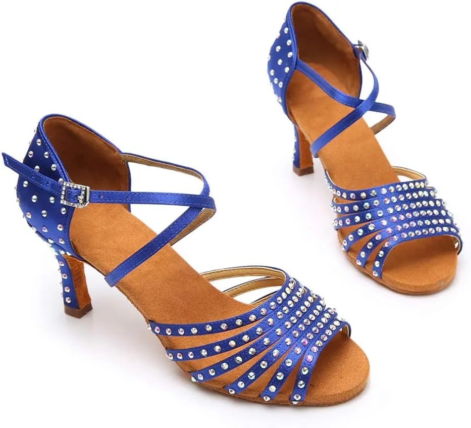 JUODVMPLatin Dance Practice Shoes Women's Satin Heels Latin with Rhinestone Dance Shoes Heels,Model D611