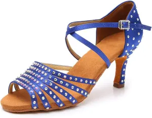 JUODVMPLatin Dance Practice Shoes Women's Satin Heels Latin with Rhinestone Dance Shoes Heels,Model D611