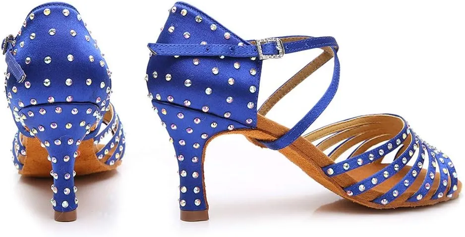 JUODVMPLatin Dance Practice Shoes Women's Satin Heels Latin with Rhinestone Dance Shoes Heels,Model D611