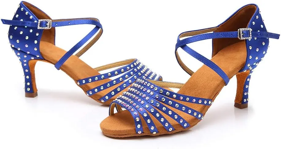 JUODVMPLatin Dance Practice Shoes Women's Satin Heels Latin with Rhinestone Dance Shoes Heels,Model D611