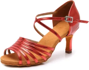 JUODVMPLatin Dance Practice Shoes Women's Satin Heels Latin with Rhinestone Dance Shoes Heels,Model D611