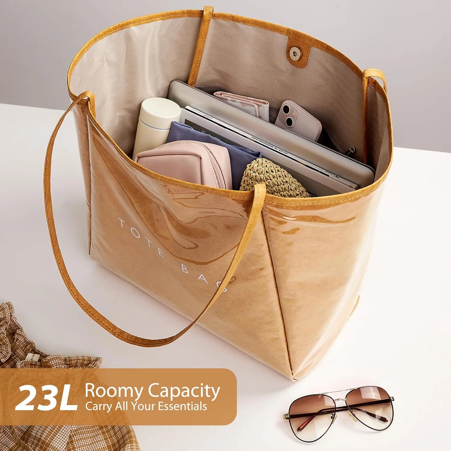KALIDI Large PVC Tote Bag Women Weekender Hobo Bag Travel Purse Kraft Paper Oversize Shoulder Handbag for Work College Beach