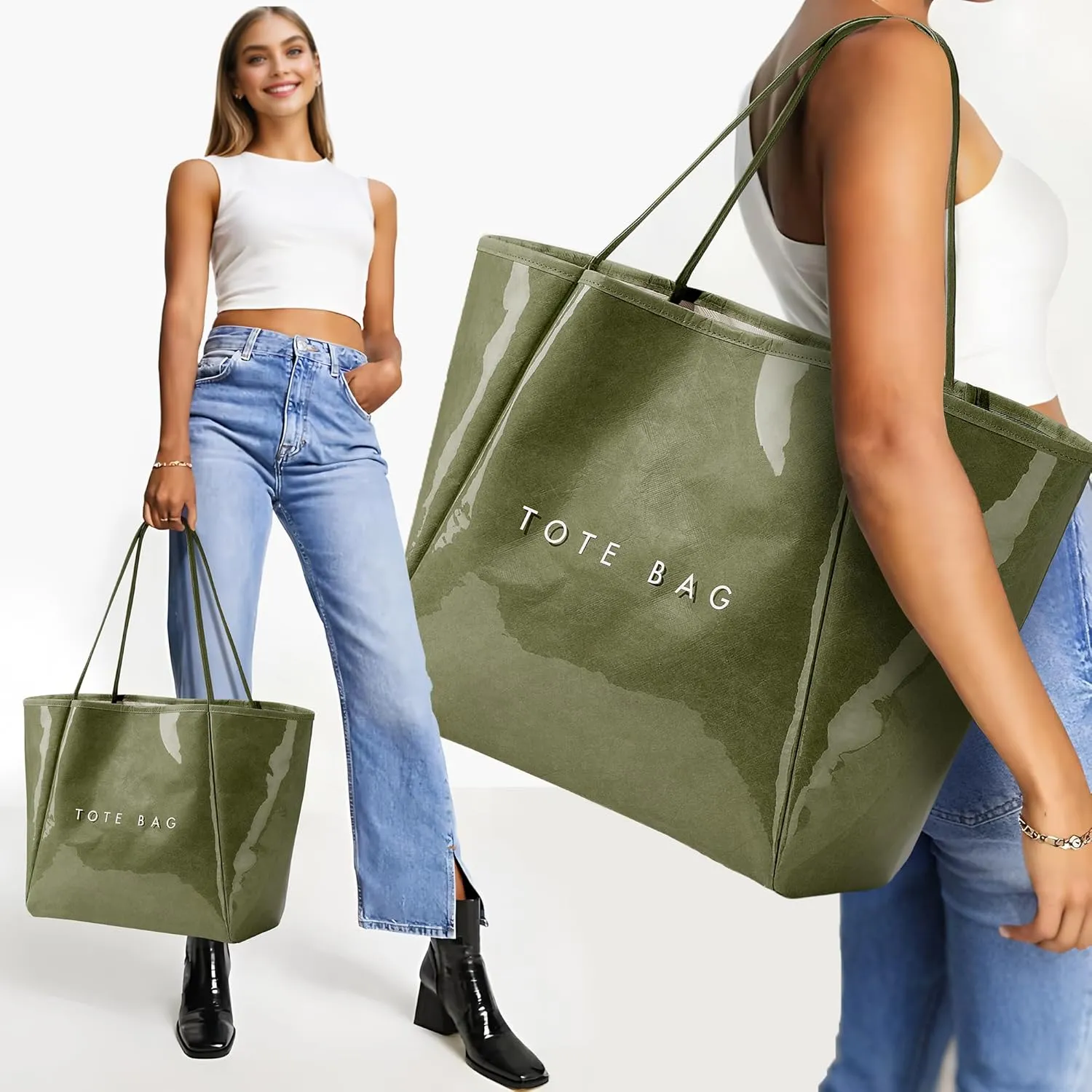 KALIDI Large PVC Tote Bag Women Weekender Hobo Bag Travel Purse Kraft Paper Oversize Shoulder Handbag for Work College Beach