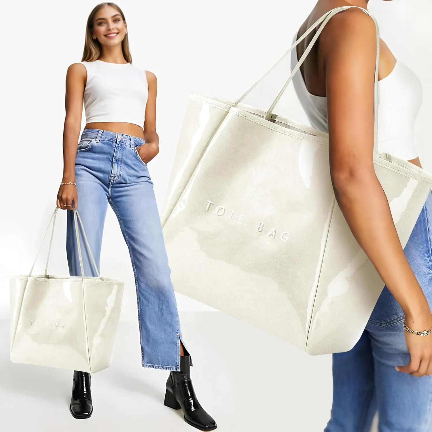 KALIDI Large PVC Tote Bag Women Weekender Hobo Bag Travel Purse Kraft Paper Oversize Shoulder Handbag for Work College Beach