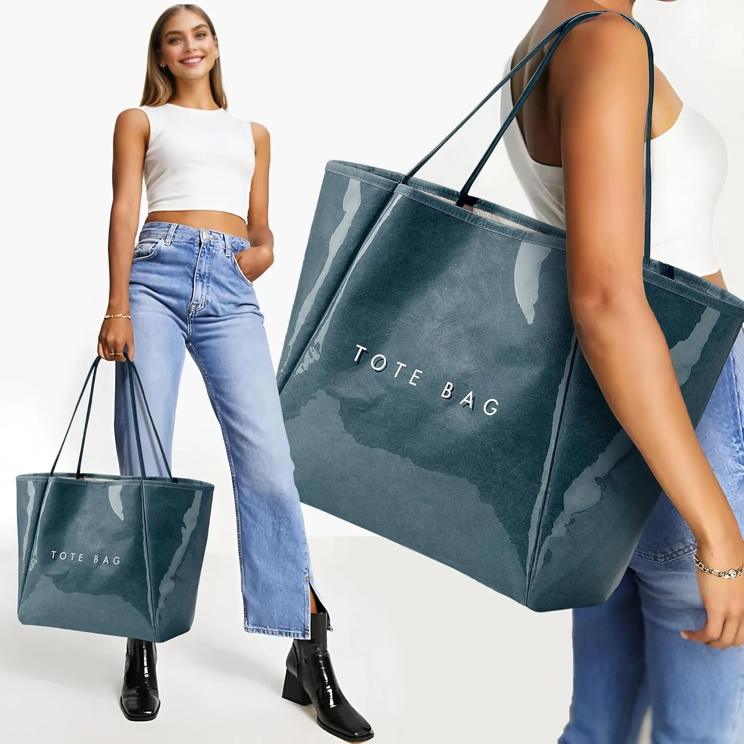 KALIDI Large PVC Tote Bag Women Weekender Hobo Bag Travel Purse Kraft Paper Oversize Shoulder Handbag for Work College Beach