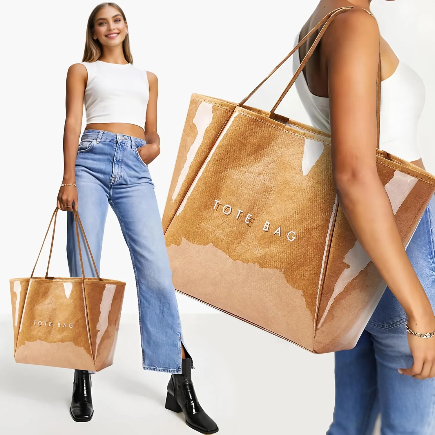 KALIDI Large PVC Tote Bag Women Weekender Hobo Bag Travel Purse Kraft Paper Oversize Shoulder Handbag for Work College Beach