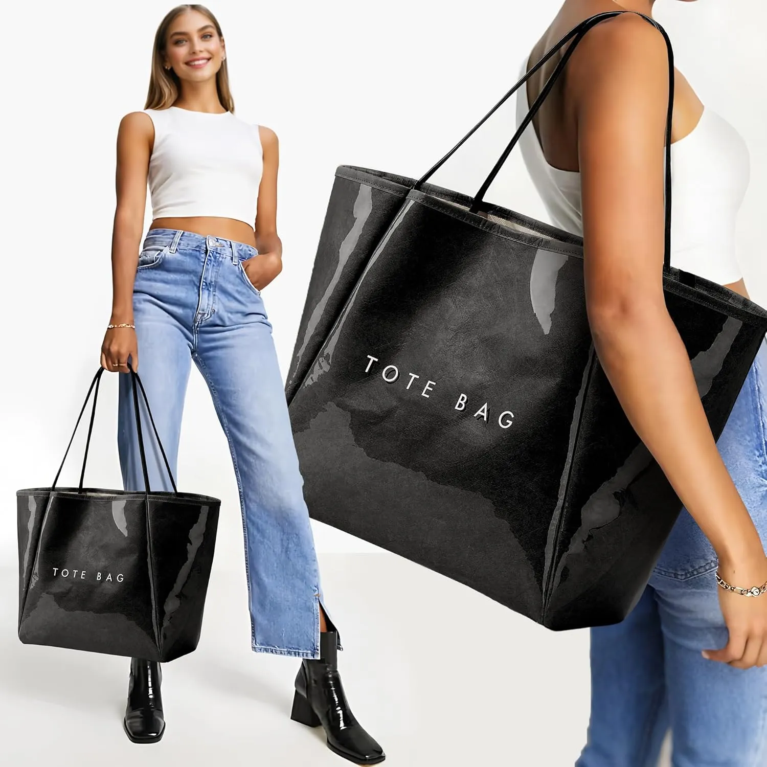 KALIDI Large PVC Tote Bag Women Weekender Hobo Bag Travel Purse Kraft Paper Oversize Shoulder Handbag for Work College Beach