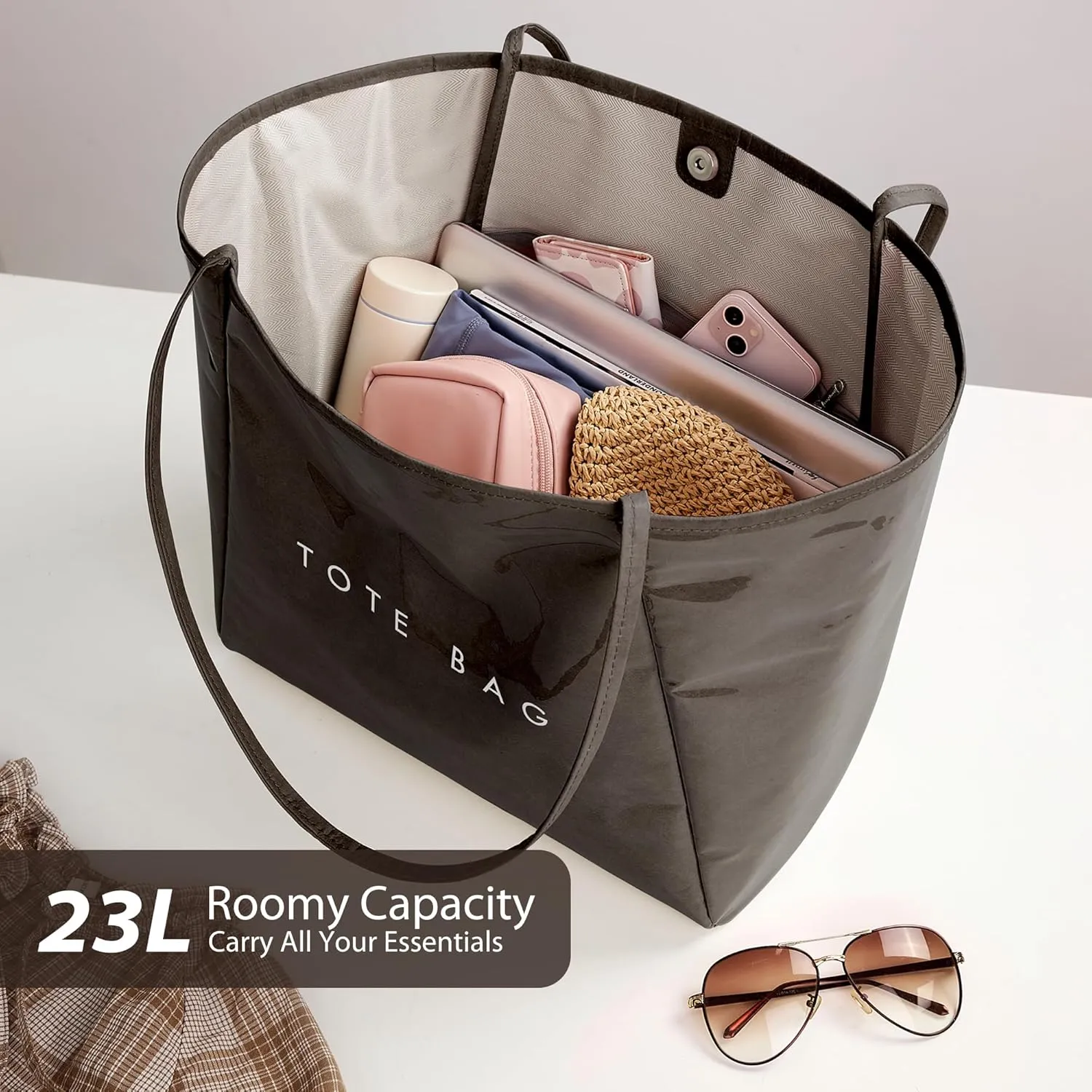 KALIDI Large PVC Tote Bag Women Weekender Hobo Bag Travel Purse Kraft Paper Oversize Shoulder Handbag for Work College Beach