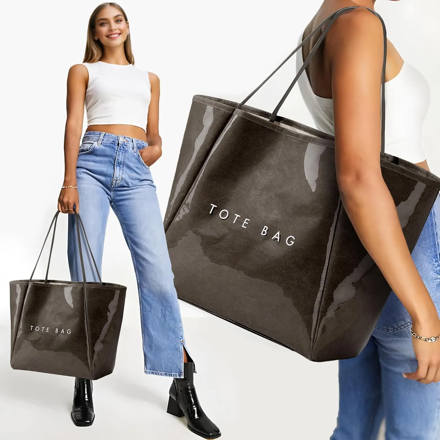 KALIDI Large PVC Tote Bag Women Weekender Hobo Bag Travel Purse Kraft Paper Oversize Shoulder Handbag for Work College Beach