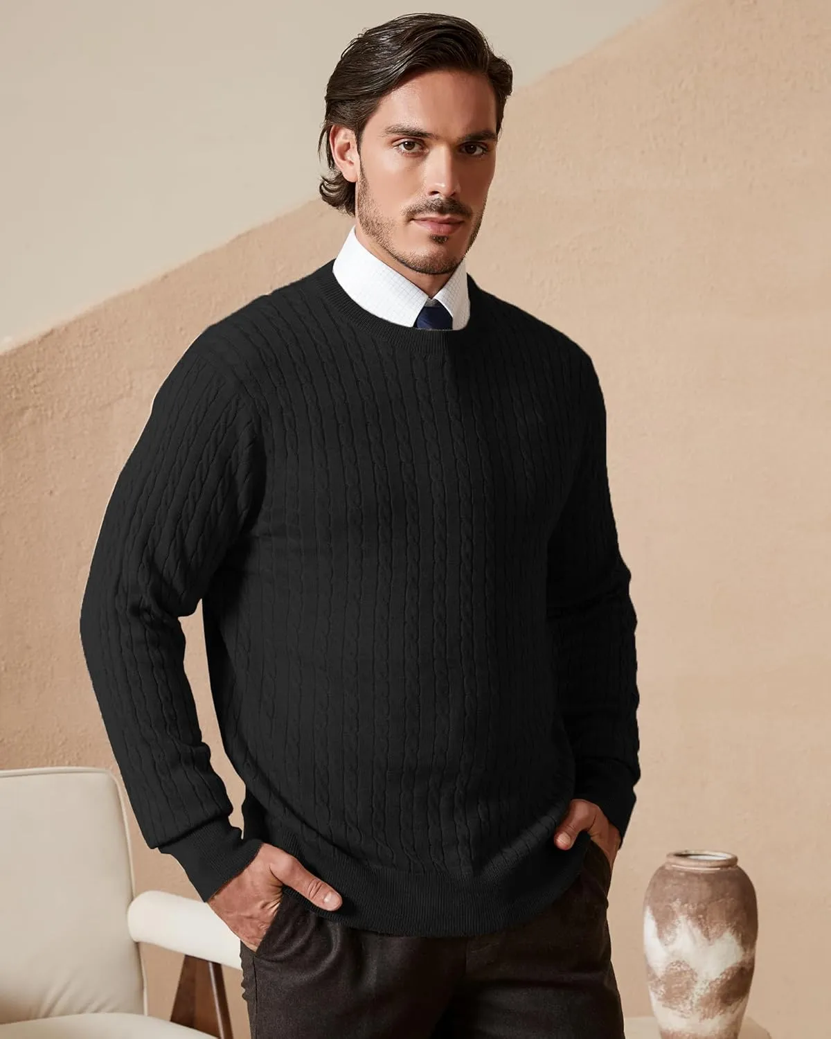 Kallspin Men's Cable Knit Crewneck Sweater Pullovers Wool Blend Relax Fit Knitwear