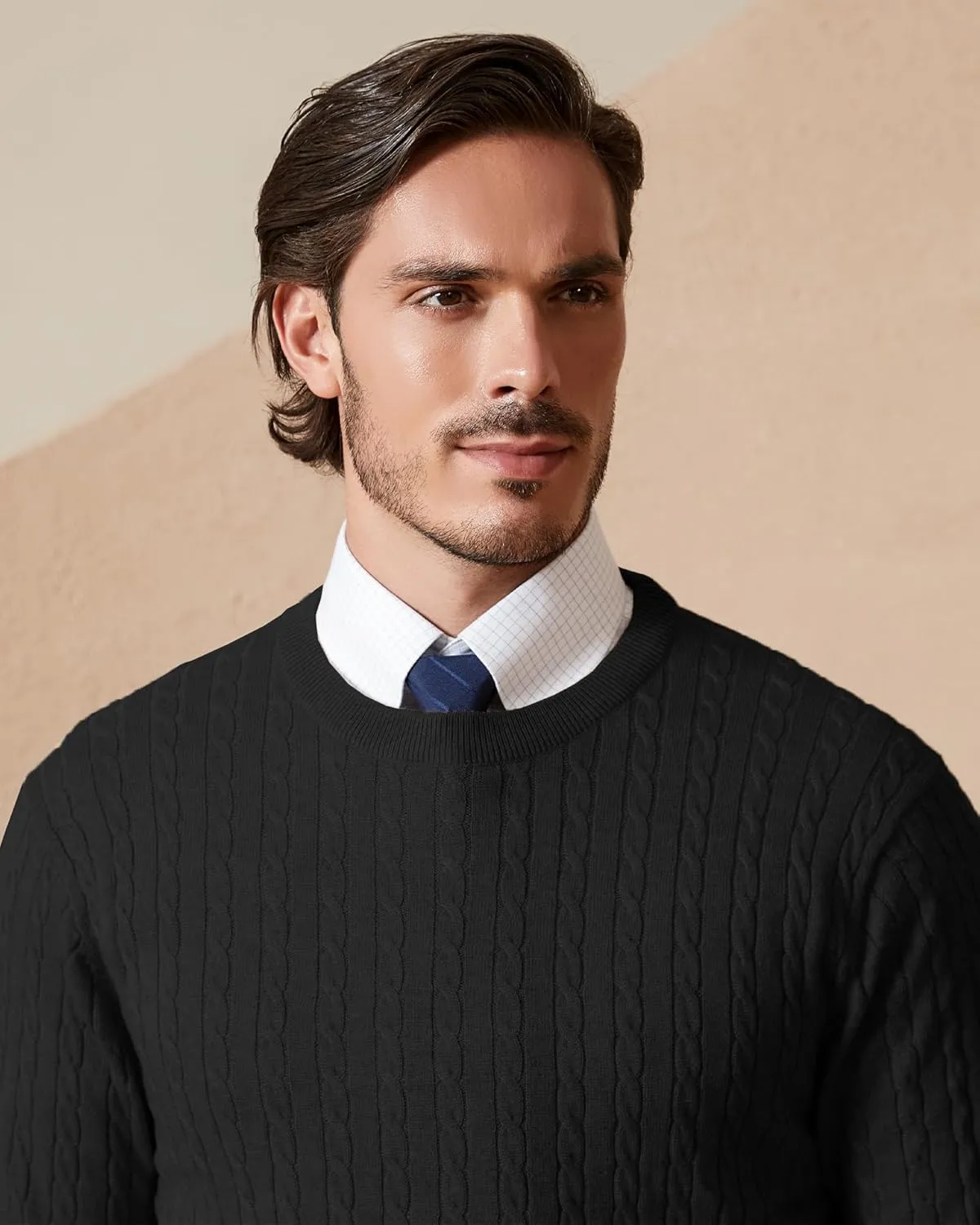 Kallspin Men's Cable Knit Crewneck Sweater Pullovers Wool Blend Relax Fit Knitwear