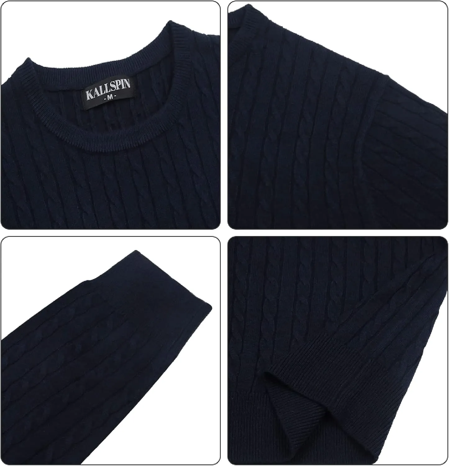 Kallspin Men's Cable Knit Crewneck Sweater Pullovers Wool Blend Relax Fit Knitwear