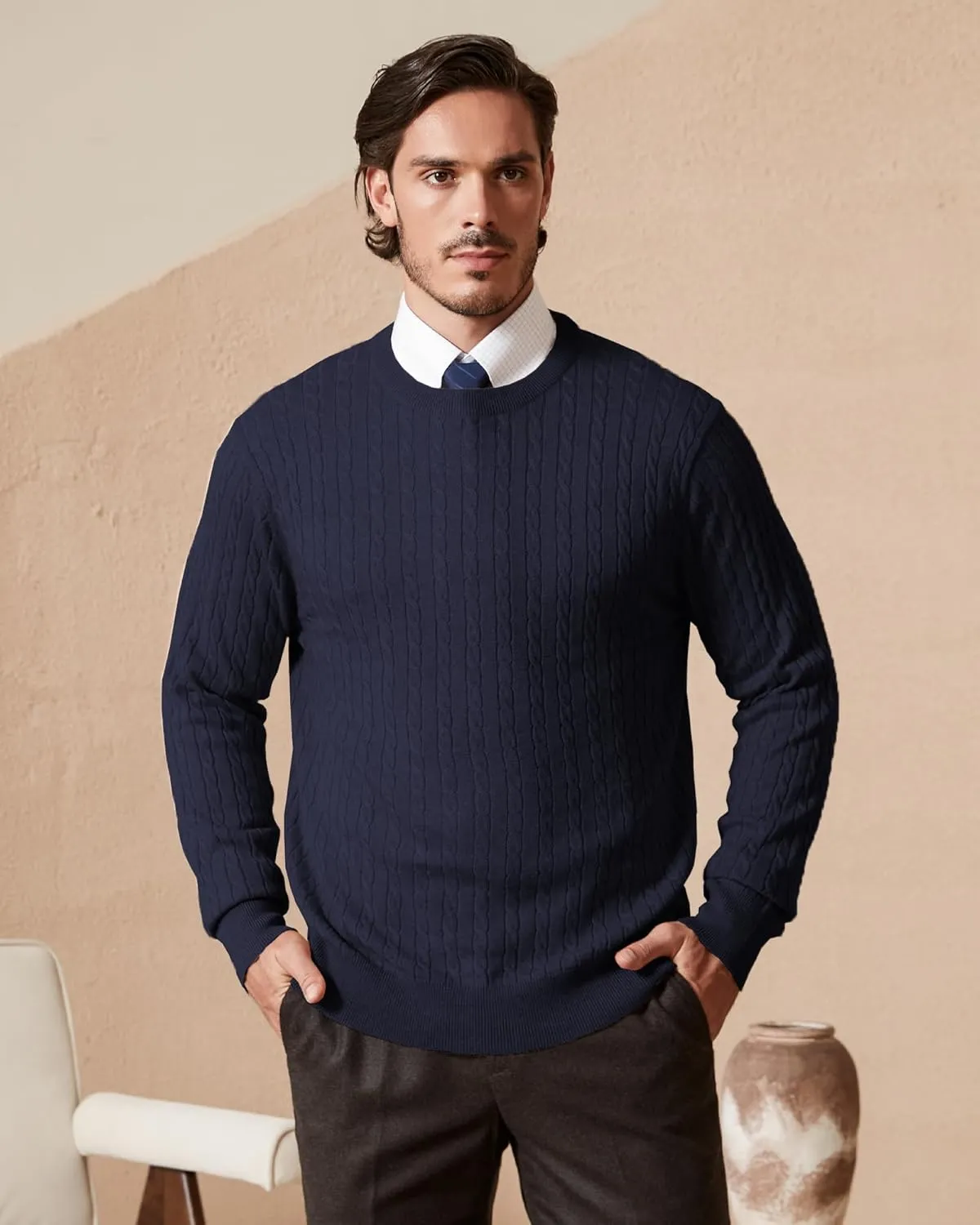 Kallspin Men's Cable Knit Crewneck Sweater Pullovers Wool Blend Relax Fit Knitwear
