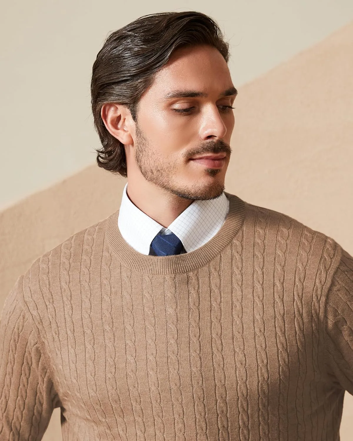 Kallspin Men's Cable Knit Crewneck Sweater Pullovers Wool Blend Relax Fit Knitwear