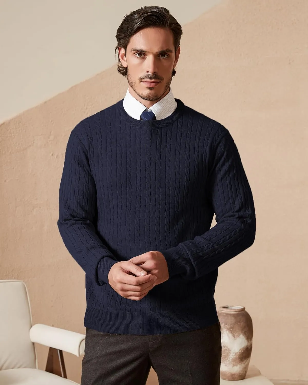 Kallspin Men's Cable Knit Crewneck Sweater Pullovers Wool Blend Relax Fit Knitwear