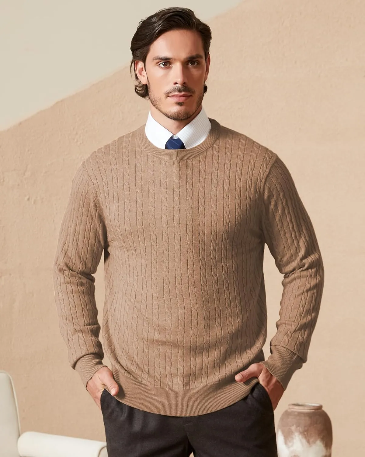 Kallspin Men's Cable Knit Crewneck Sweater Pullovers Wool Blend Relax Fit Knitwear