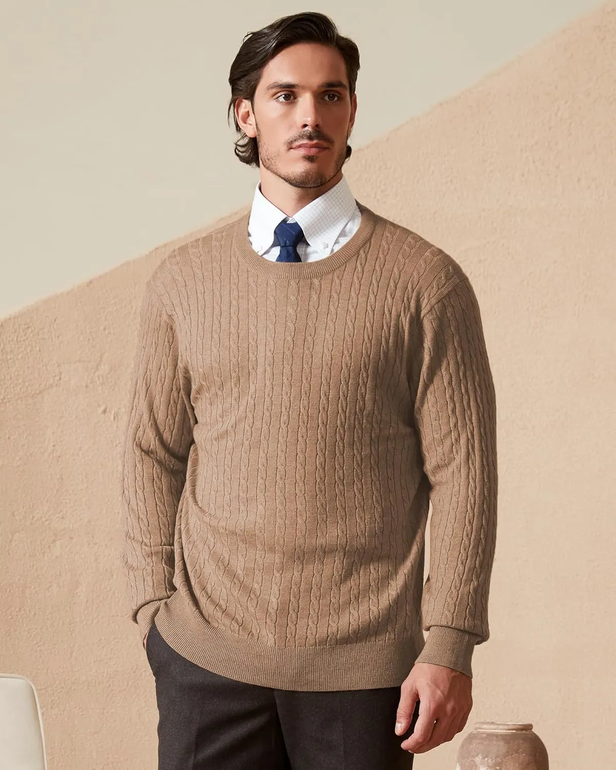 Kallspin Men's Cable Knit Crewneck Sweater Pullovers Wool Blend Relax Fit Knitwear
