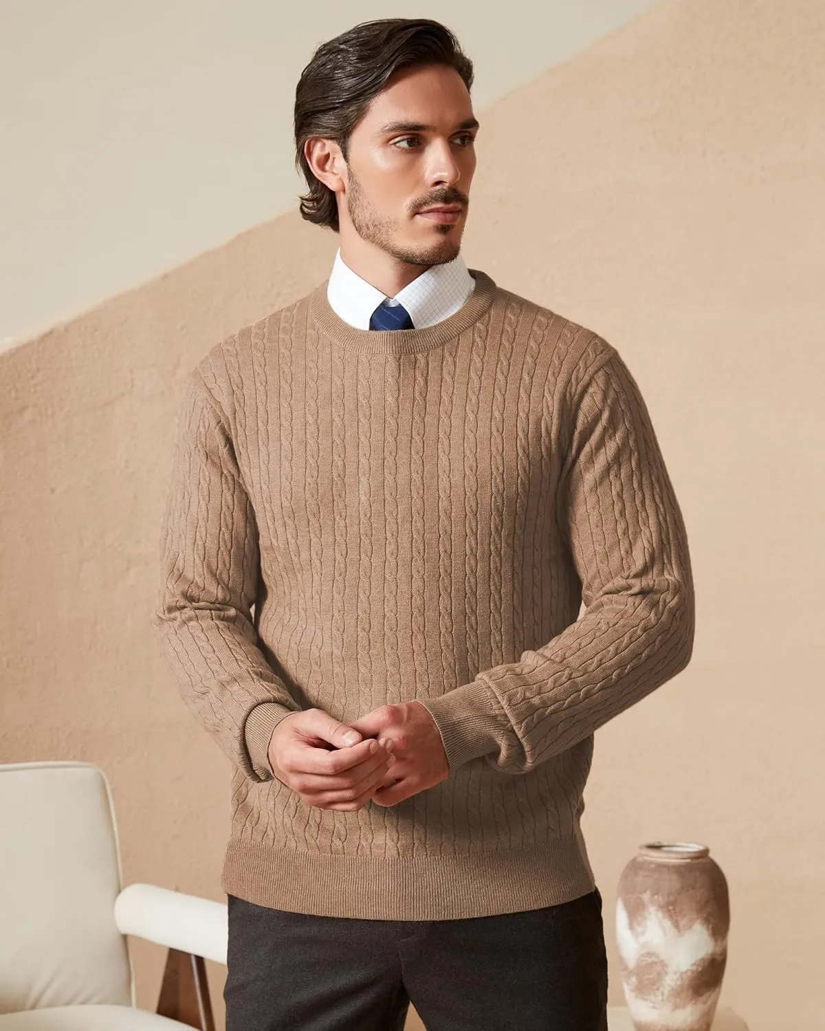 Kallspin Men's Cable Knit Crewneck Sweater Pullovers Wool Blend Relax Fit Knitwear