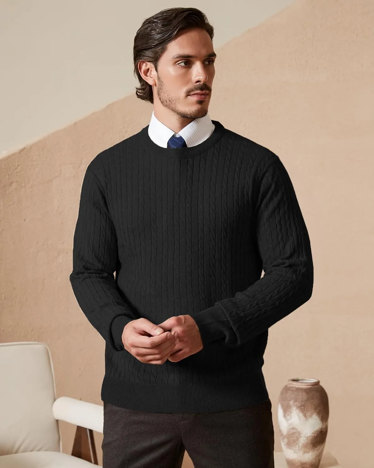 Kallspin Men's Cable Knit Crewneck Sweater Pullovers Wool Blend Relax Fit Knitwear