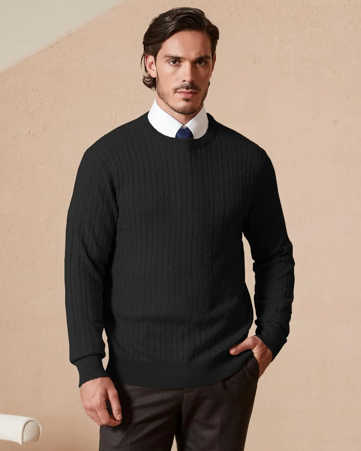Kallspin Men's Cable Knit Crewneck Sweater Pullovers Wool Blend Relax Fit Knitwear