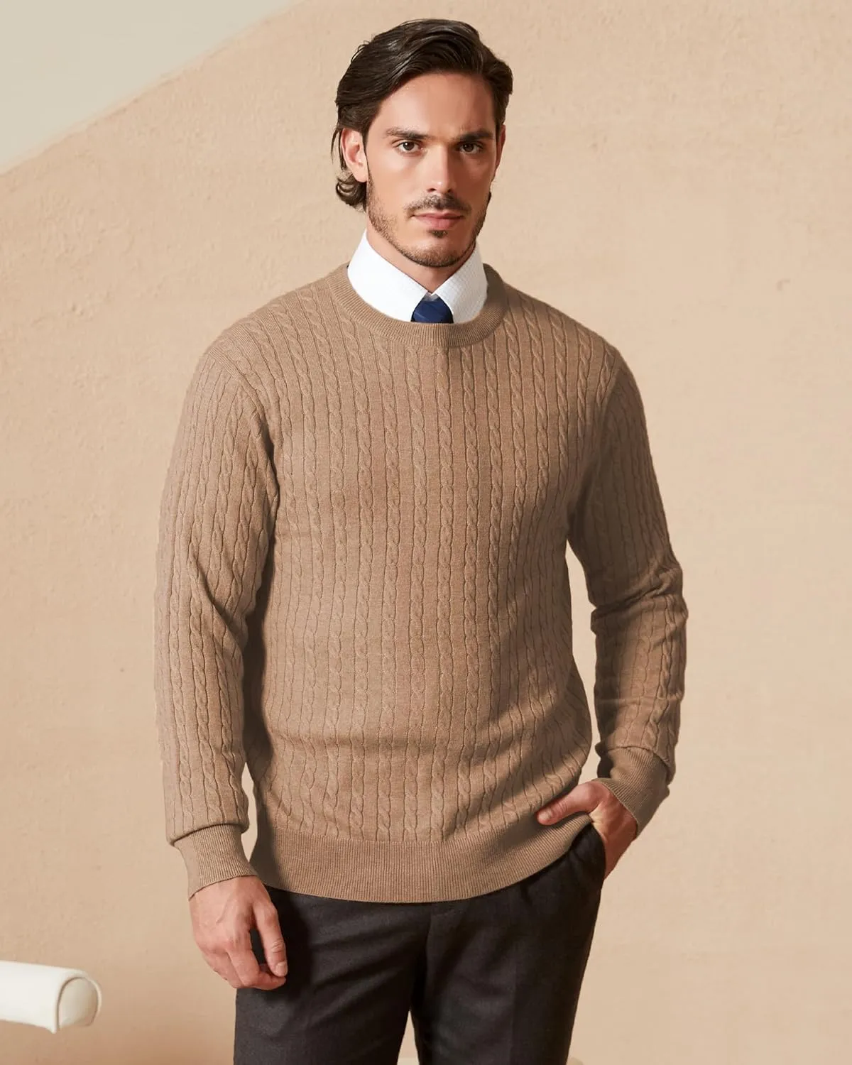 Kallspin Men's Cable Knit Crewneck Sweater Pullovers Wool Blend Relax Fit Knitwear