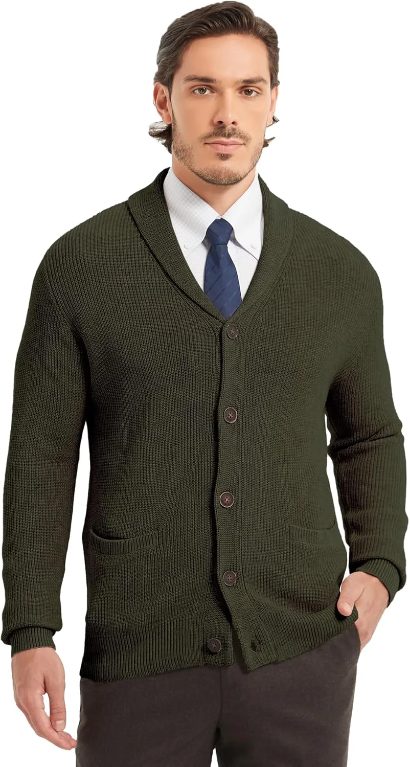 Kallspin Men's Wool Blend Shawl Collar Cardigan Sweater Button Down Knitwear with Pockets