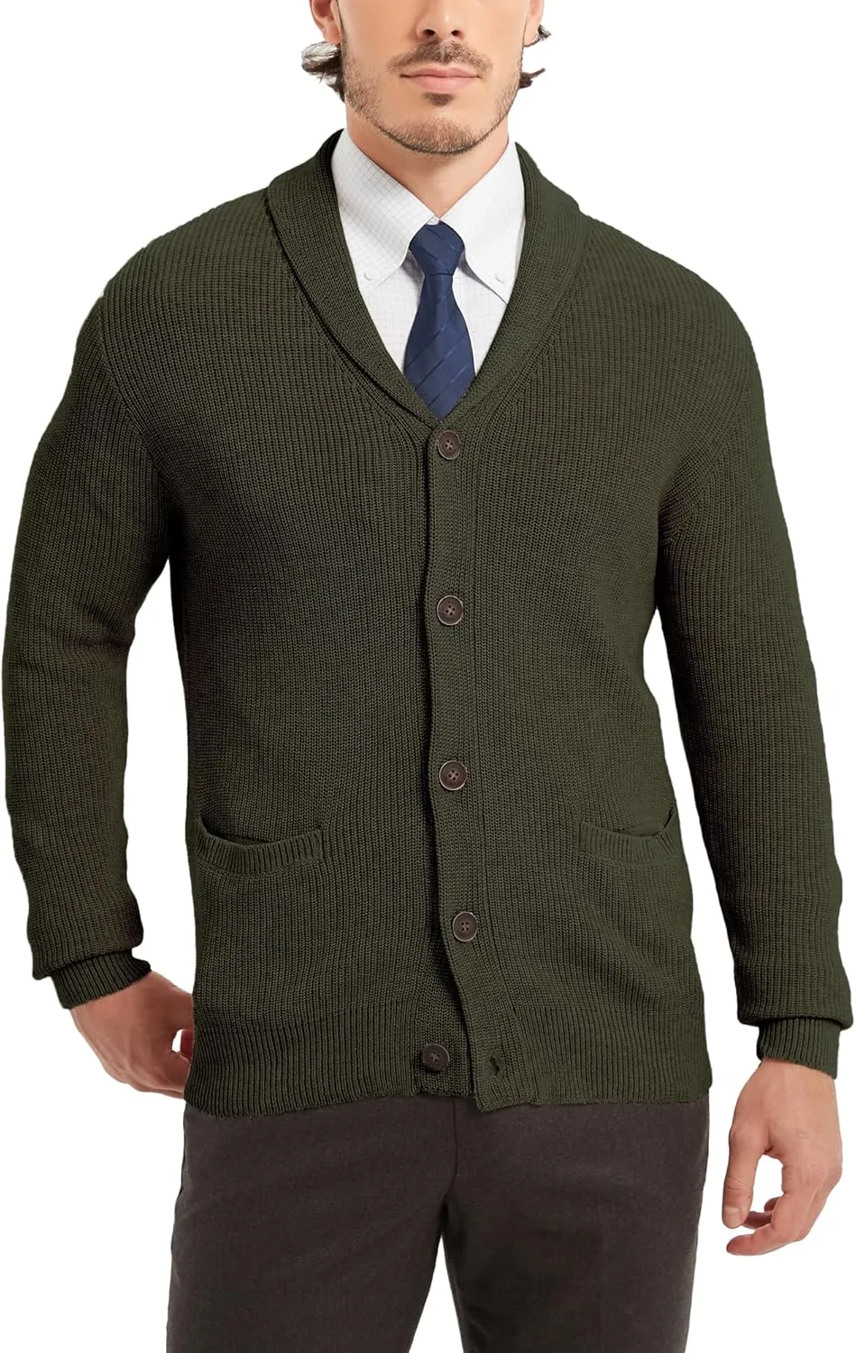 Kallspin Men's Wool Blend Shawl Collar Cardigan Sweater Button Down Knitwear with Pockets