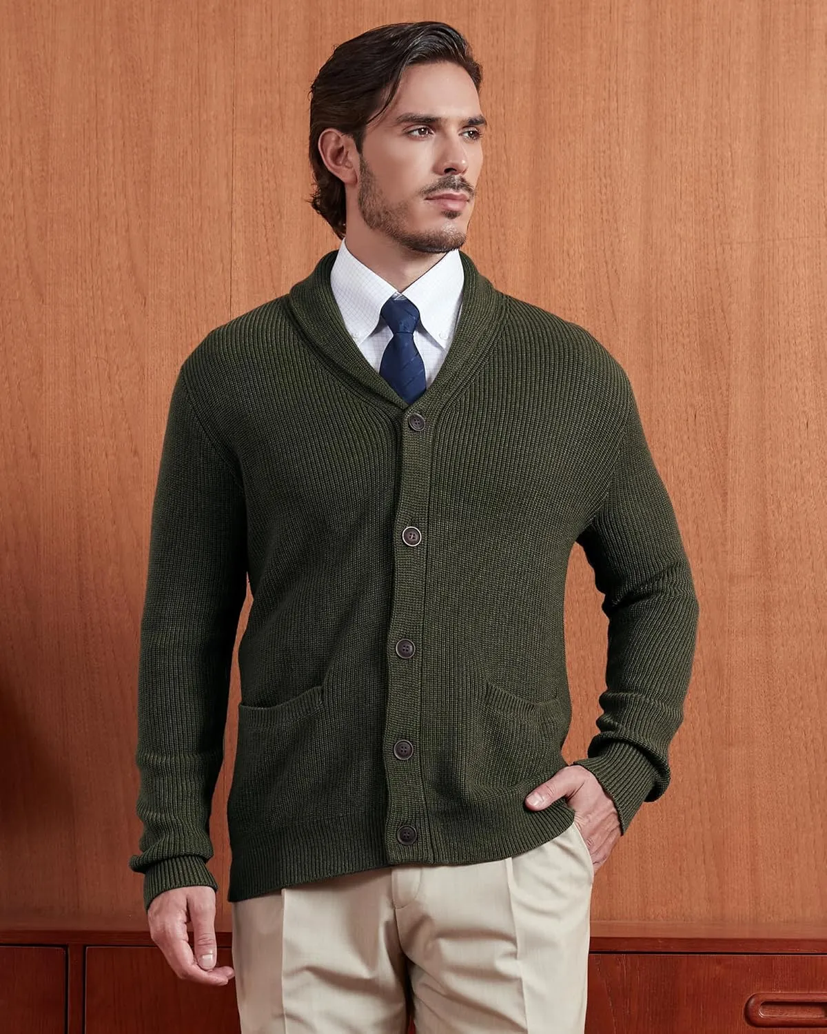 Kallspin Men's Wool Blend Shawl Collar Cardigan Sweater Button Down Knitwear with Pockets