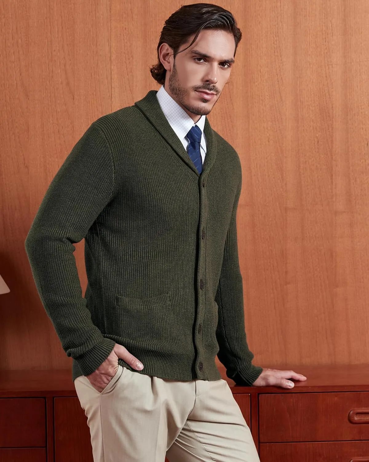 Kallspin Men's Wool Blend Shawl Collar Cardigan Sweater Button Down Knitwear with Pockets