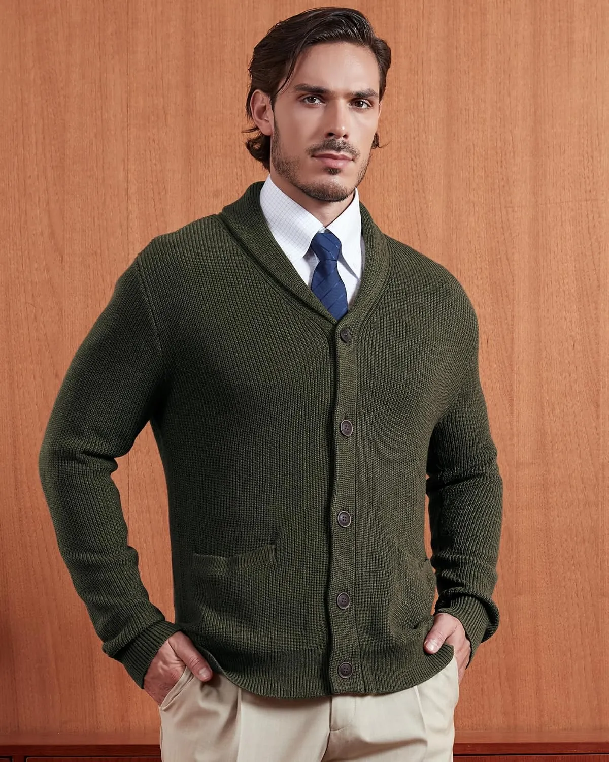 Kallspin Men's Wool Blend Shawl Collar Cardigan Sweater Button Down Knitwear with Pockets
