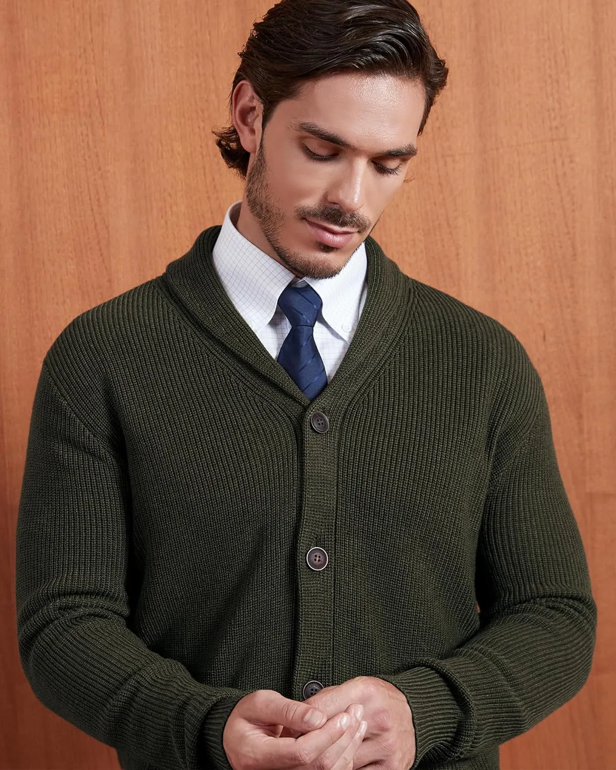 Kallspin Men's Wool Blend Shawl Collar Cardigan Sweater Button Down Knitwear with Pockets