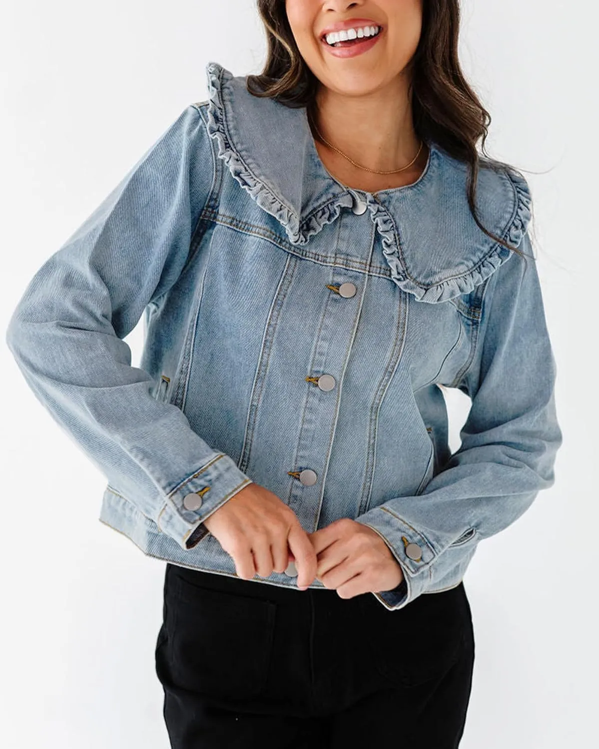 Kedera Women's Jean Jacket Cropped Denim Jacket Long Sleeve Peter Pan Collar Button Down Jean Shirt Crop Top