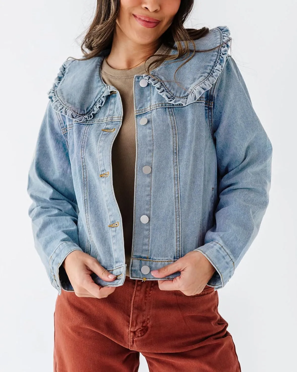 Kedera Women's Jean Jacket Cropped Denim Jacket Long Sleeve Peter Pan Collar Button Down Jean Shirt Crop Top