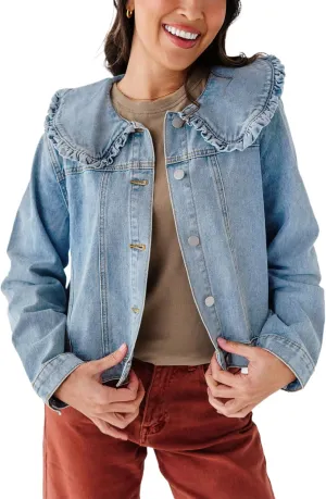 Kedera Women's Jean Jacket Cropped Denim Jacket Long Sleeve Peter Pan Collar Button Down Jean Shirt Crop Top