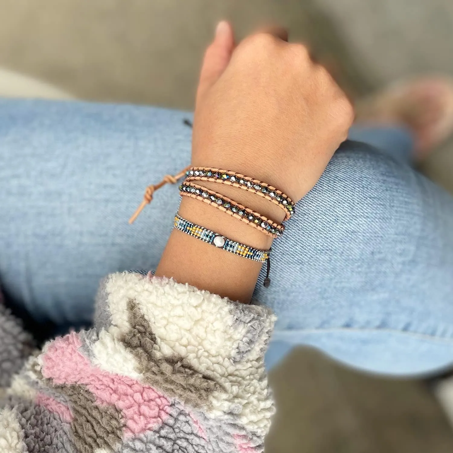 KELITCH Women Friendship Bracelets Wax Rope Bracelets Handmade Multi-Pattern Pearl Bracelets