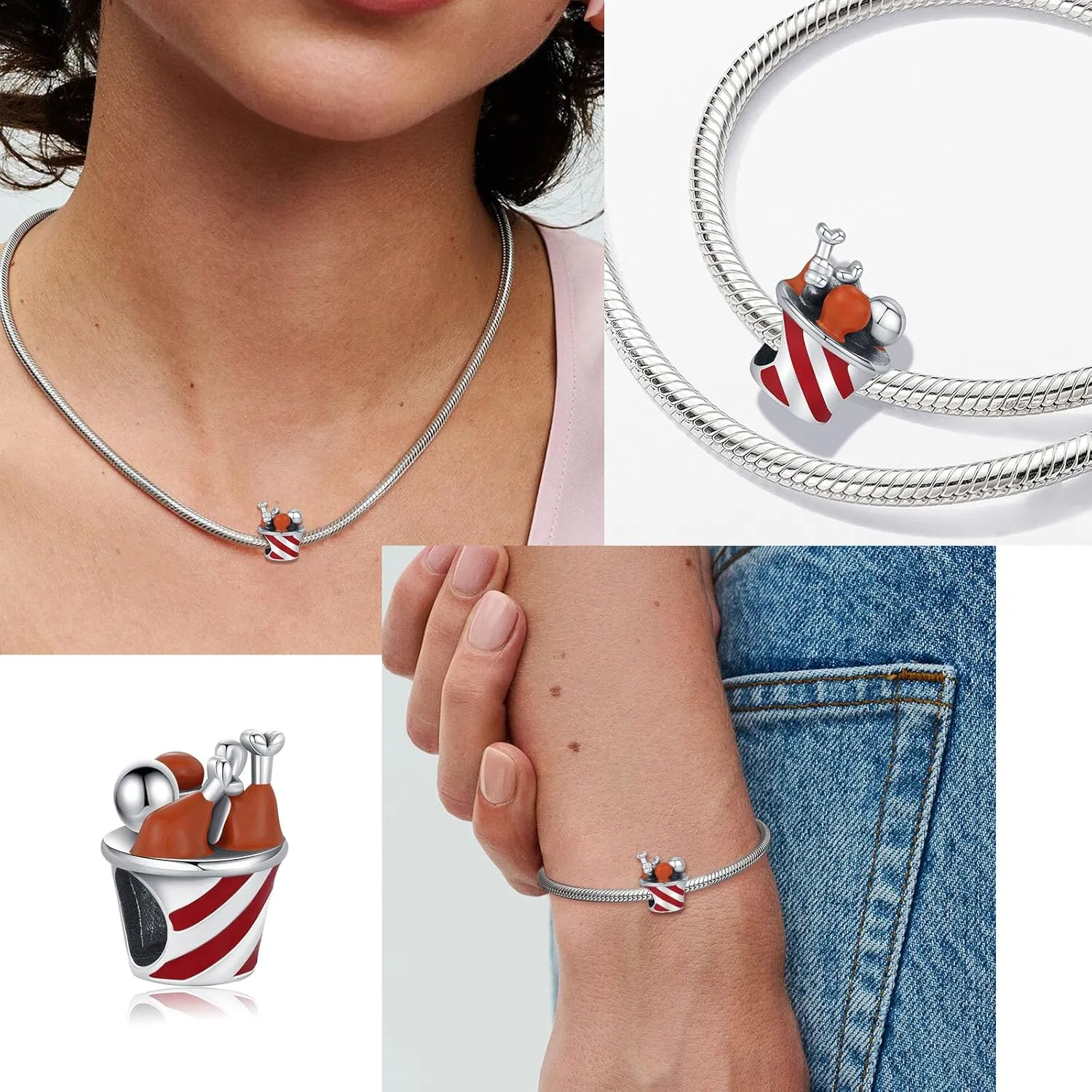 KEQ Fast Food Charms for Bracelet,Hamburger Hot Dog Chics Pizza Charms Original S925 Sterling Silver Birthday Mother's Day Christmas Charms for Pandora's Bracelets