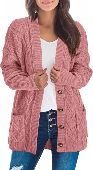 KIRUNDO Women 2024 Fall Winter Oversized Button Down Cable Knit Cardigan Casual Long Sleeve Open Front Chunky Sweater Coat