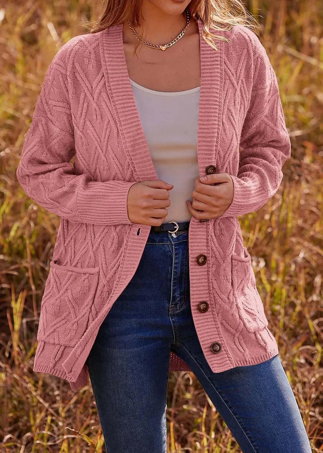 KIRUNDO Women 2024 Fall Winter Oversized Button Down Cable Knit Cardigan Casual Long Sleeve Open Front Chunky Sweater Coat