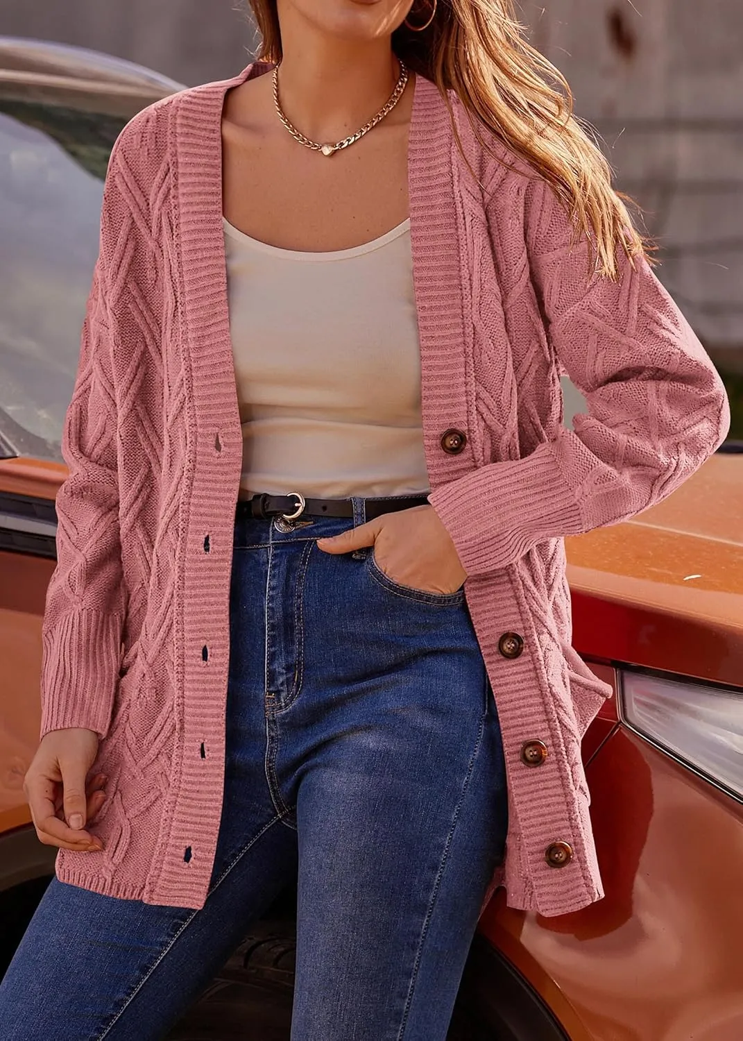 KIRUNDO Women 2024 Fall Winter Oversized Button Down Cable Knit Cardigan Casual Long Sleeve Open Front Chunky Sweater Coat