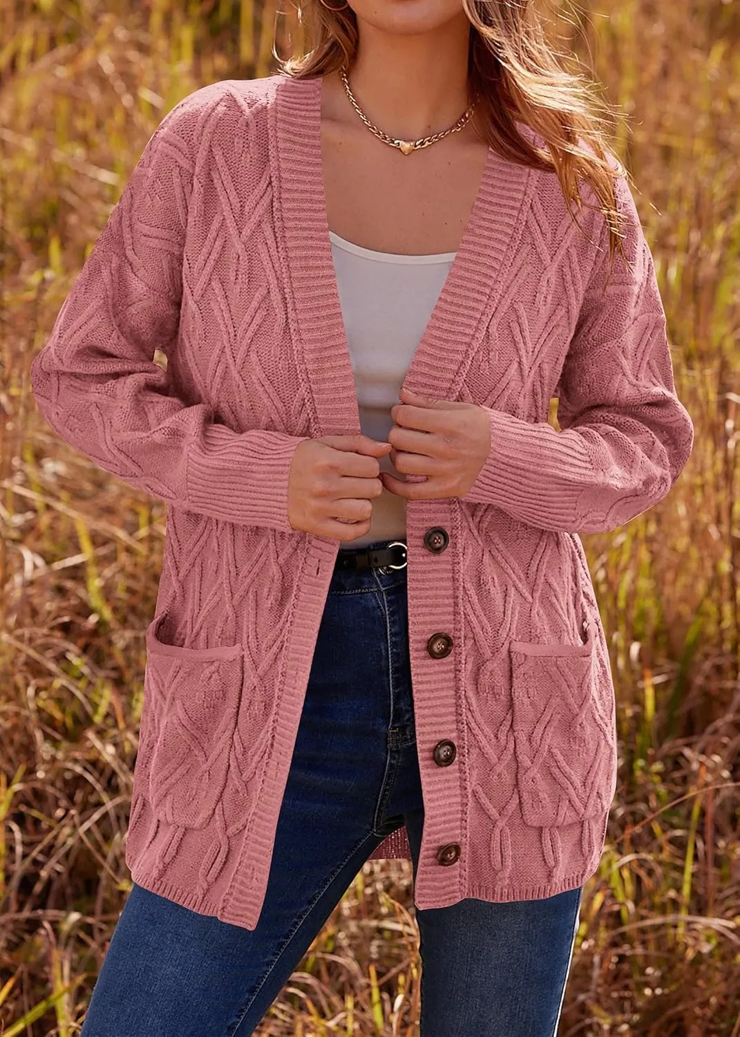 KIRUNDO Women 2024 Fall Winter Oversized Button Down Cable Knit Cardigan Casual Long Sleeve Open Front Chunky Sweater Coat