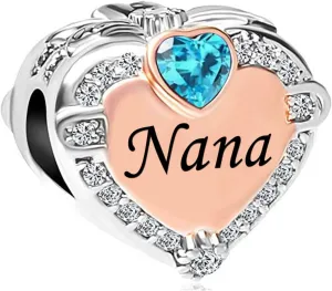 KunBead Nana Grandma Grandmother Love Rose Gold Heart Birthstone Bead Charms Compatible with Pandora Bracelet Birthday Jewelry Gifts for Women